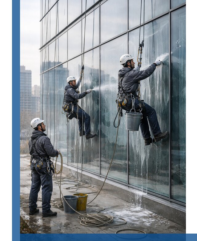 Промышленная мойка панорамных окон на высоте в Нягани