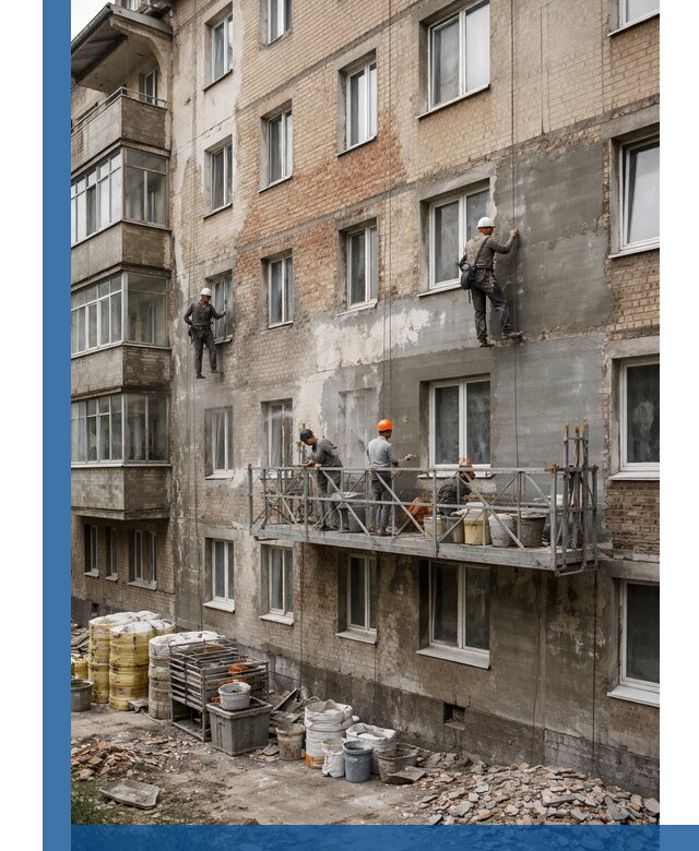 Капитальный ремонт фасада в Нягани с восстановлением и гидроизоляцией