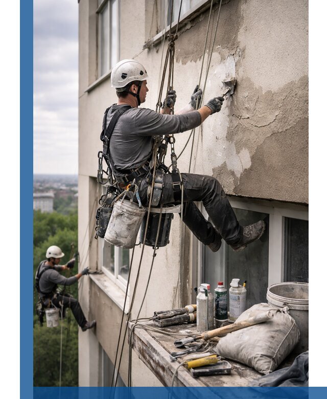 Косметический ремонт фасада зданий в Нягани промышленными альпинистами