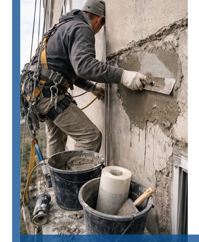 Ремонт бетонных элементов фасада промышленными альпинистами в Нягани