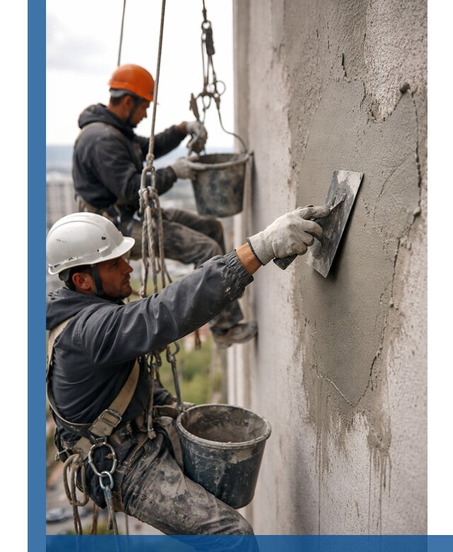 Штукатурка фасада на высоте в Нягани профессиональные работы