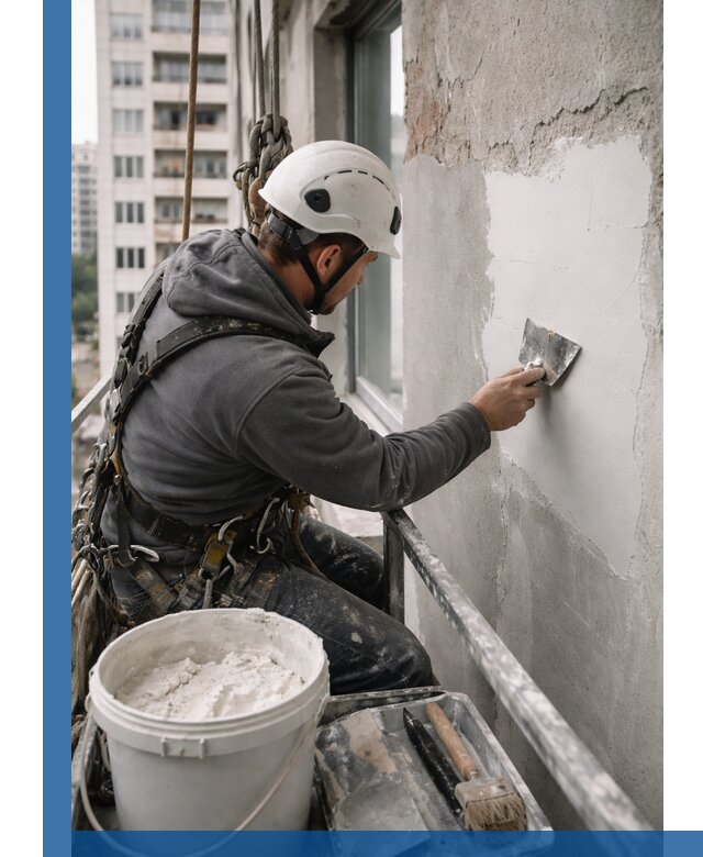 Шпаклевка фасадов на высоте с промальпинистами в Нягани