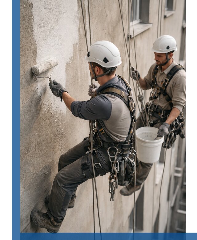 Грунтовка фасада на высоте в Нягани промышленными альпинистами