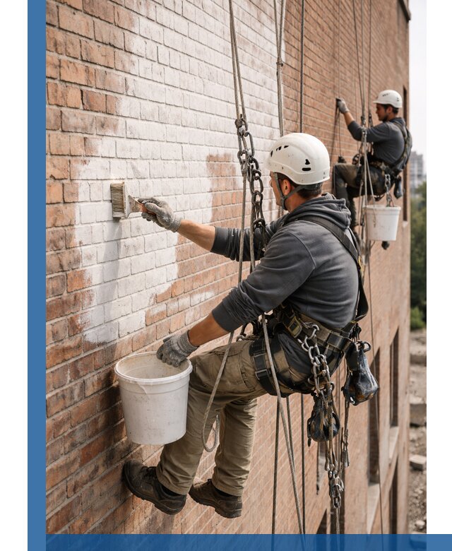 Покраска кирпичного фасада с доступным альпинистским сервисом в Нягани