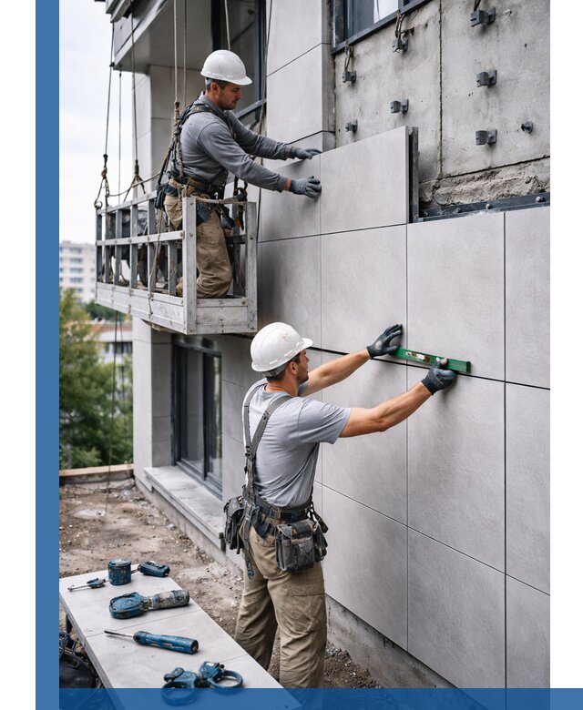 Монтаж керамогранита на фасад в Нягани под ключ с гарантией качества