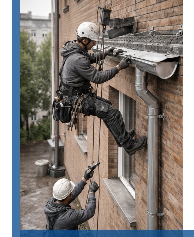 Монтаж водосточной системы на здании в Нягани под ключ