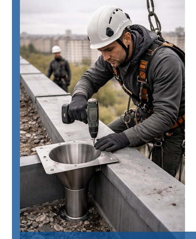 Монтаж водосточных воронок в Нягани для промышленных зданий