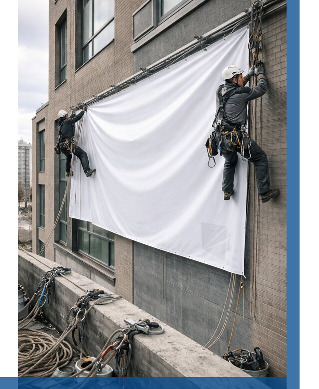 Монтаж баннеров на фасаде в Нягани от 662 р. заказать ВЫСОТНИК-Нга