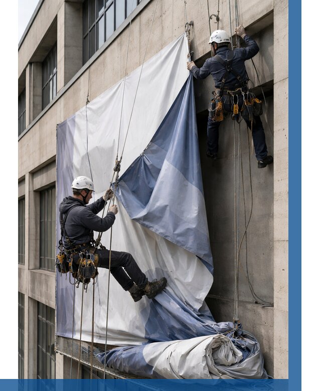 Демонтаж баннеров с фасада в Нягани от 4584 р. | ВЫСОТНИК-Нга