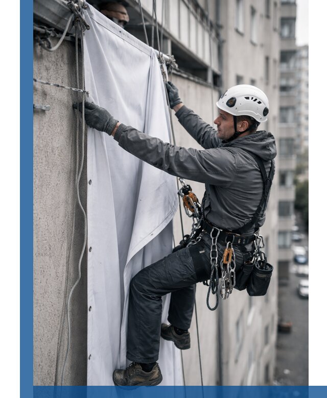 Замена баннерного полотна промышленными альпинистами в Нягани