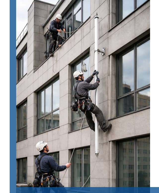 Монтаж флагштока на фасаде здания с креплением и герметикой в Нягани