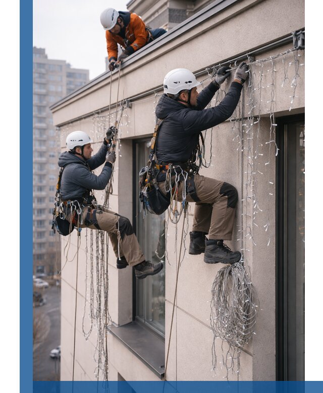 Монтаж праздничных гирлянд на фасаде в Нягани для зданий