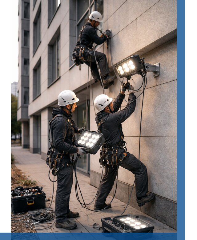 Монтаж прожекторов на фасаде в Нягани от 7640 р. | ВЫСОТНИК-Нга