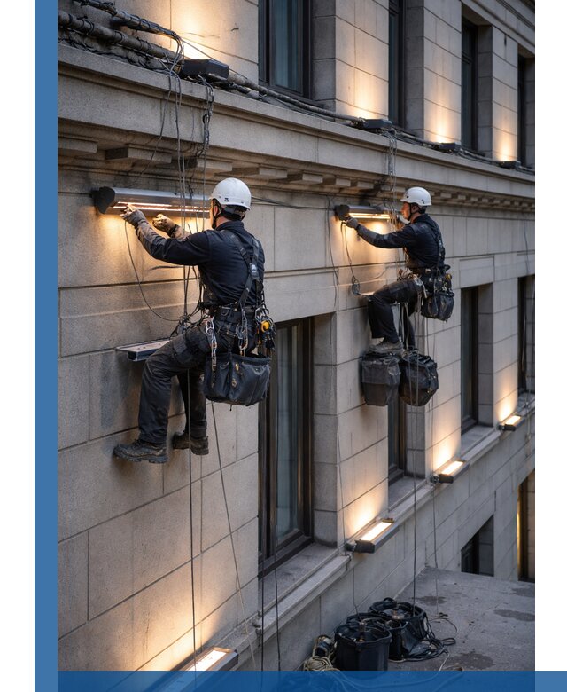 Монтаж архитектурной подсветки фасадов зданий в Нягани