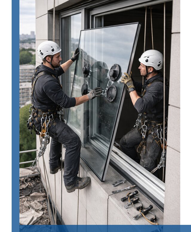 Замена стеклопакетов на высоте с промышленными альпинистами в Нягани