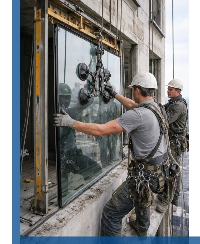 Монтаж стеклопакетов на высоте в Нягани с промышленным альпинизмом