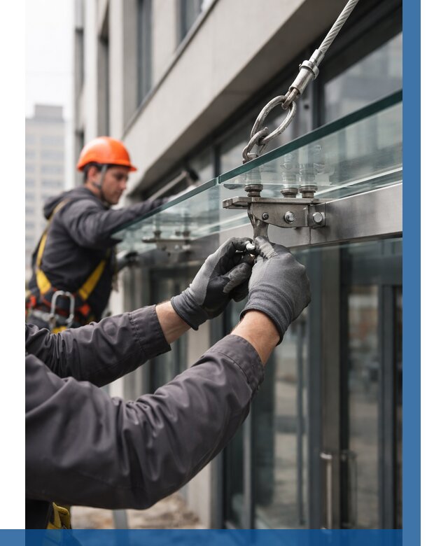 Монтаж стеклянных козырьков в Нягани от 8658 р. | ВЫСОТНИК-Нга