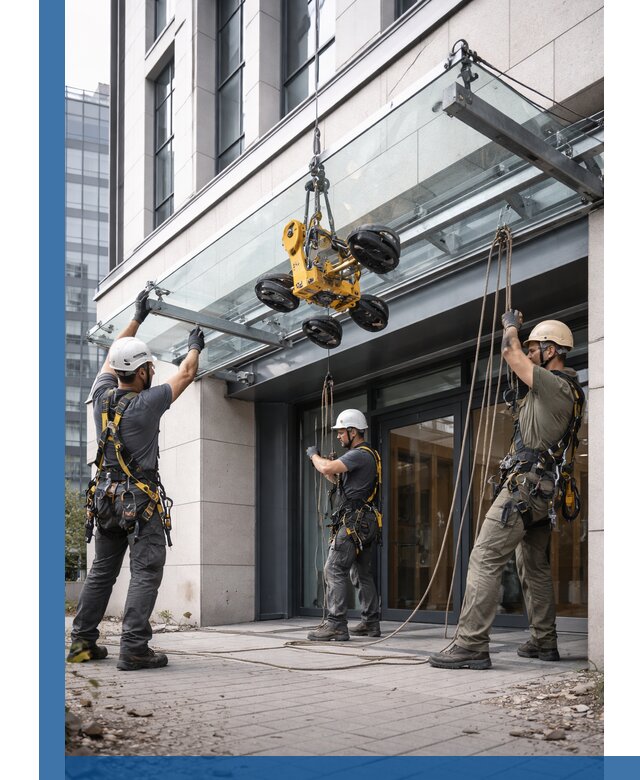 Монтаж стеклянных козырьков под ключ в Нягани для зданий