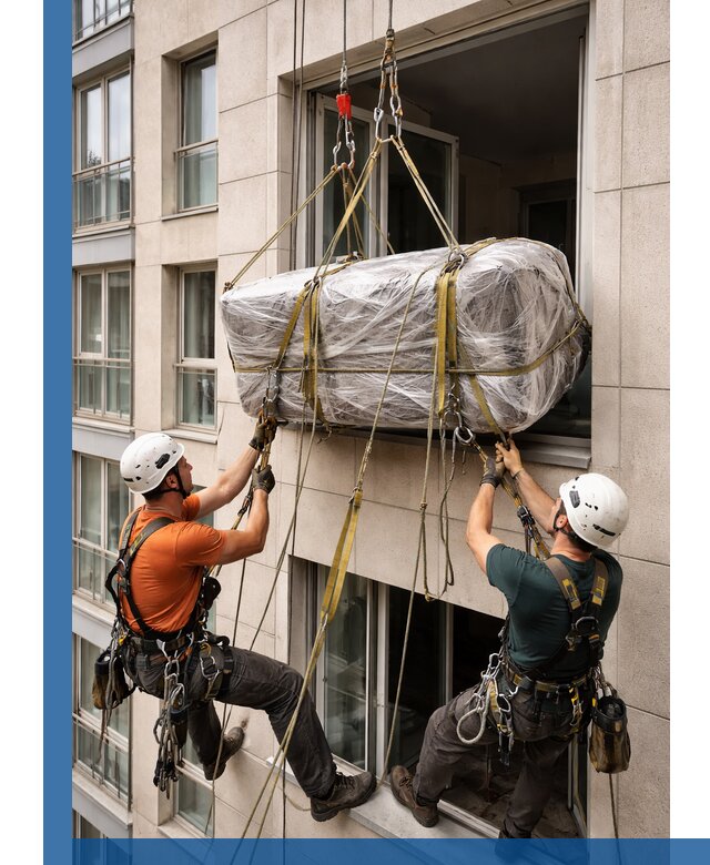 Подъем грузов через окно в Нягани промышленными альпинистами
