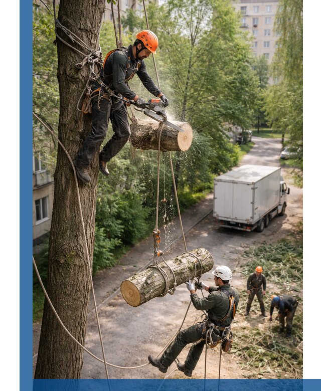 Спил деревьев альпинистами в Нягани, безопасно и без повреждений